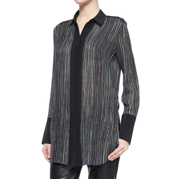 Vince Wavy Stripe Black Silk Long Sleeve Blouse Women’s Size XXS - Picture 1 of 5